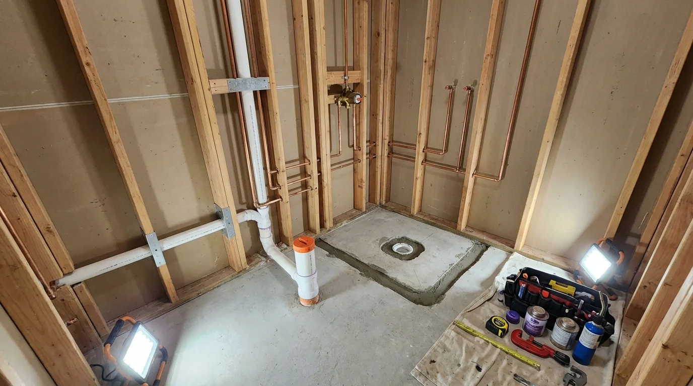 Bathroom rough-in plumbing during remodel by Johns Plumbing LLC in Plaistow