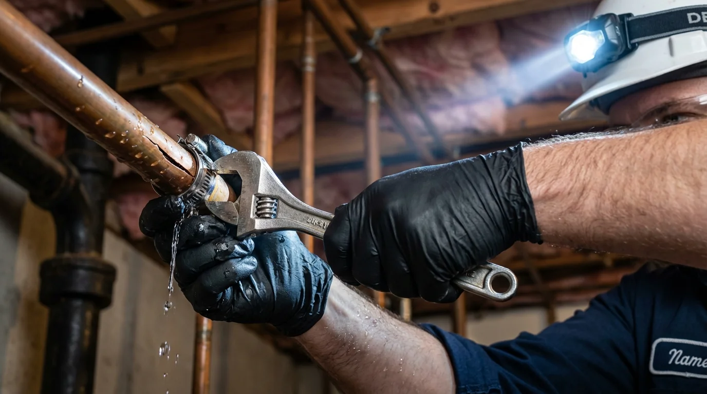 Emergency pipe clamp repair being performed by a Johns Plumbing LLC plumber in Plaistow