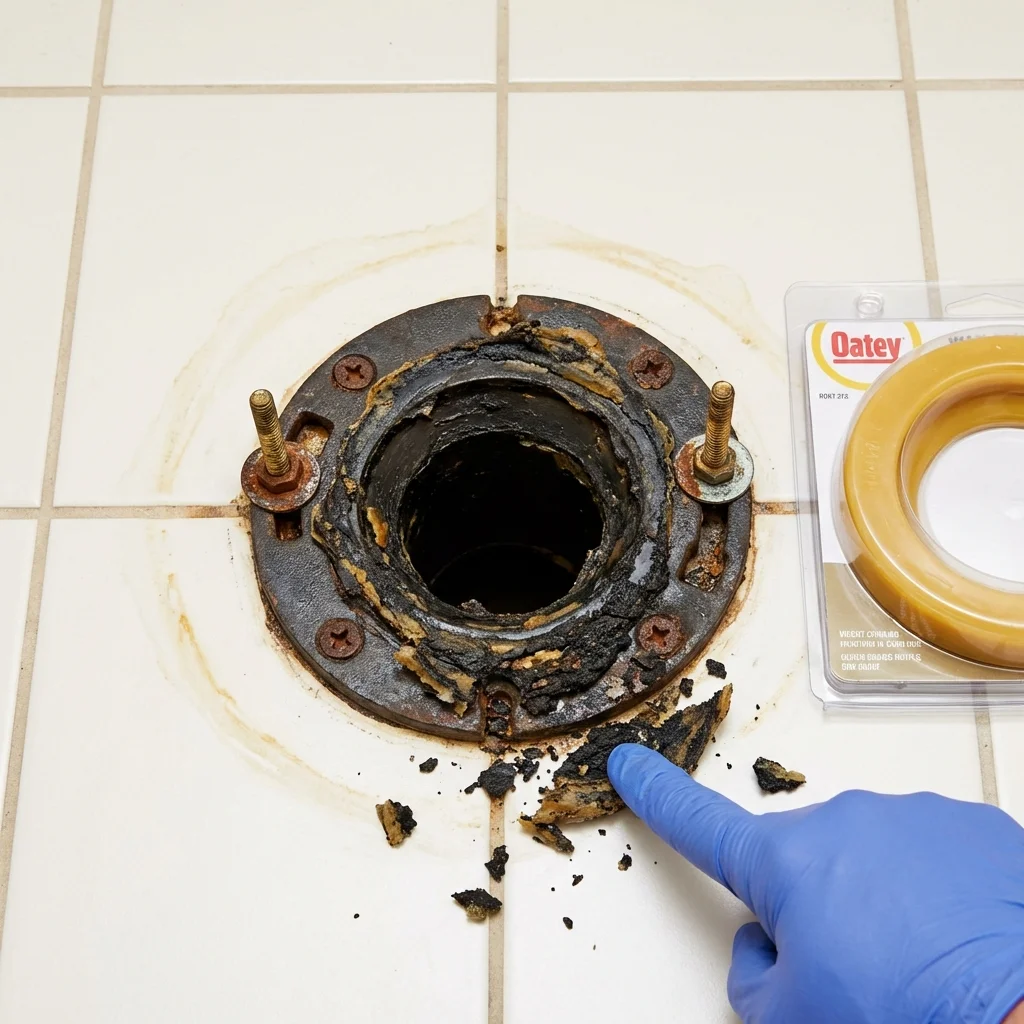 Failed wax ring showing water seepage at the base of a toilet in a Plaistow, NH home