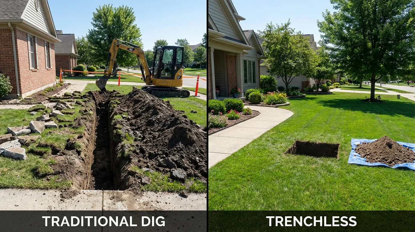 Trenchless sewer repair with minimal yard damage versus traditional excavation in Plaistow, NH