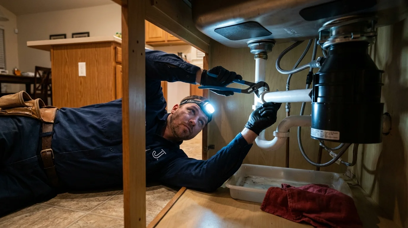 P-trap and supply line connections under a kitchen sink showing a common leak point in Plaistow, NH